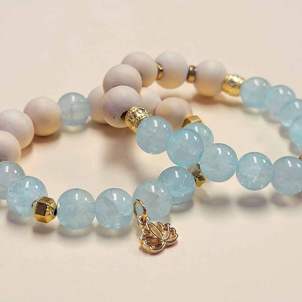 Essential Oil Diffuser Bracelets, Glass Beads & 14kt Gold Plated Lotus Charm